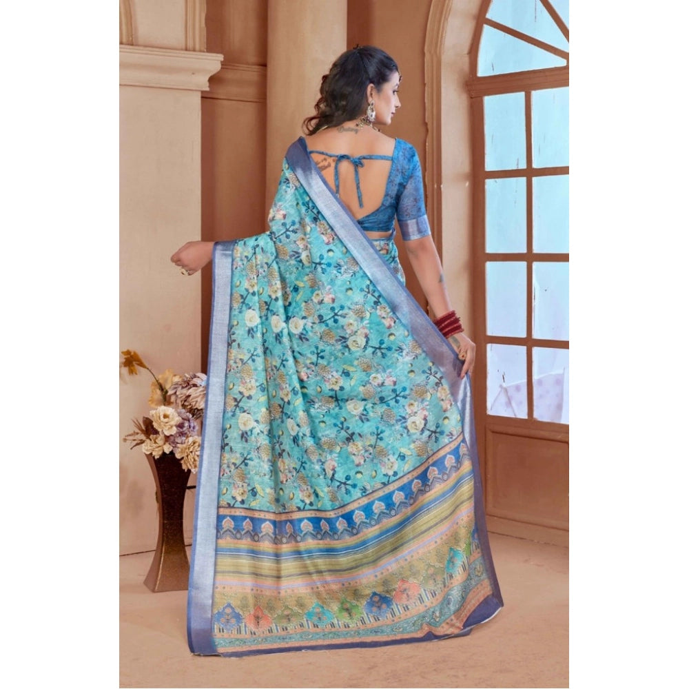 Generic Women's Printed Cotton Linen Saree withPrinted Saree With Unstitched Blouse (Light Blue, 5-6Mtrs)