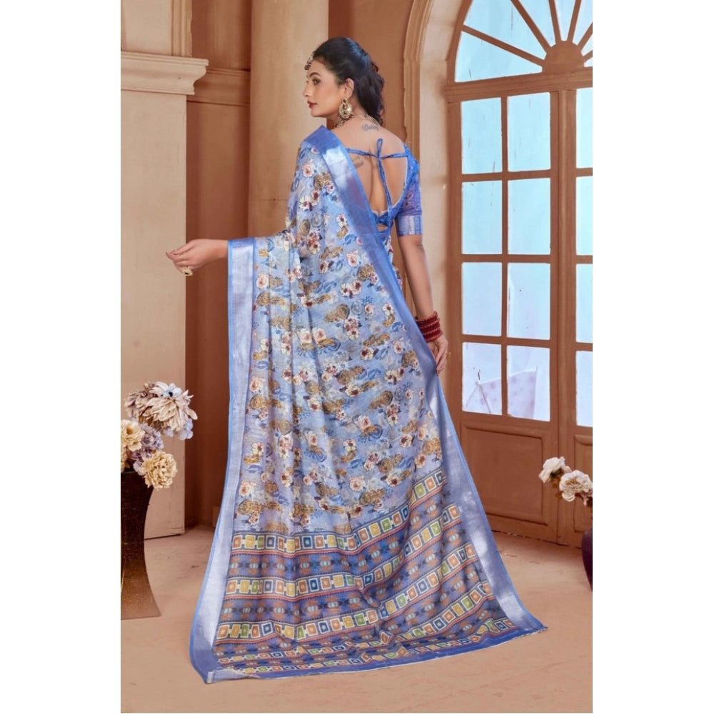 Generic Women's Printed Cotton Linen Saree withPrinted Saree With Unstitched Blouse (Blue, 5-6Mtrs)
