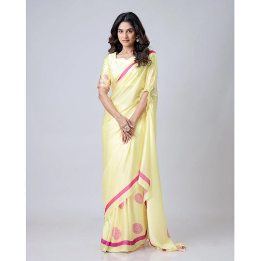 Generic Women's Soft Crepe Silk Printed Ready To Wear Saree With Unstitched Blouse 5.5Mtr (Light Yellow)