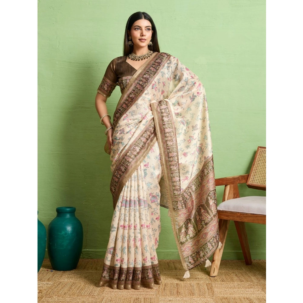 Generic Women's Silk Blend Printed Saree With Unstitched Blouse 5.5Mtr (Cream)