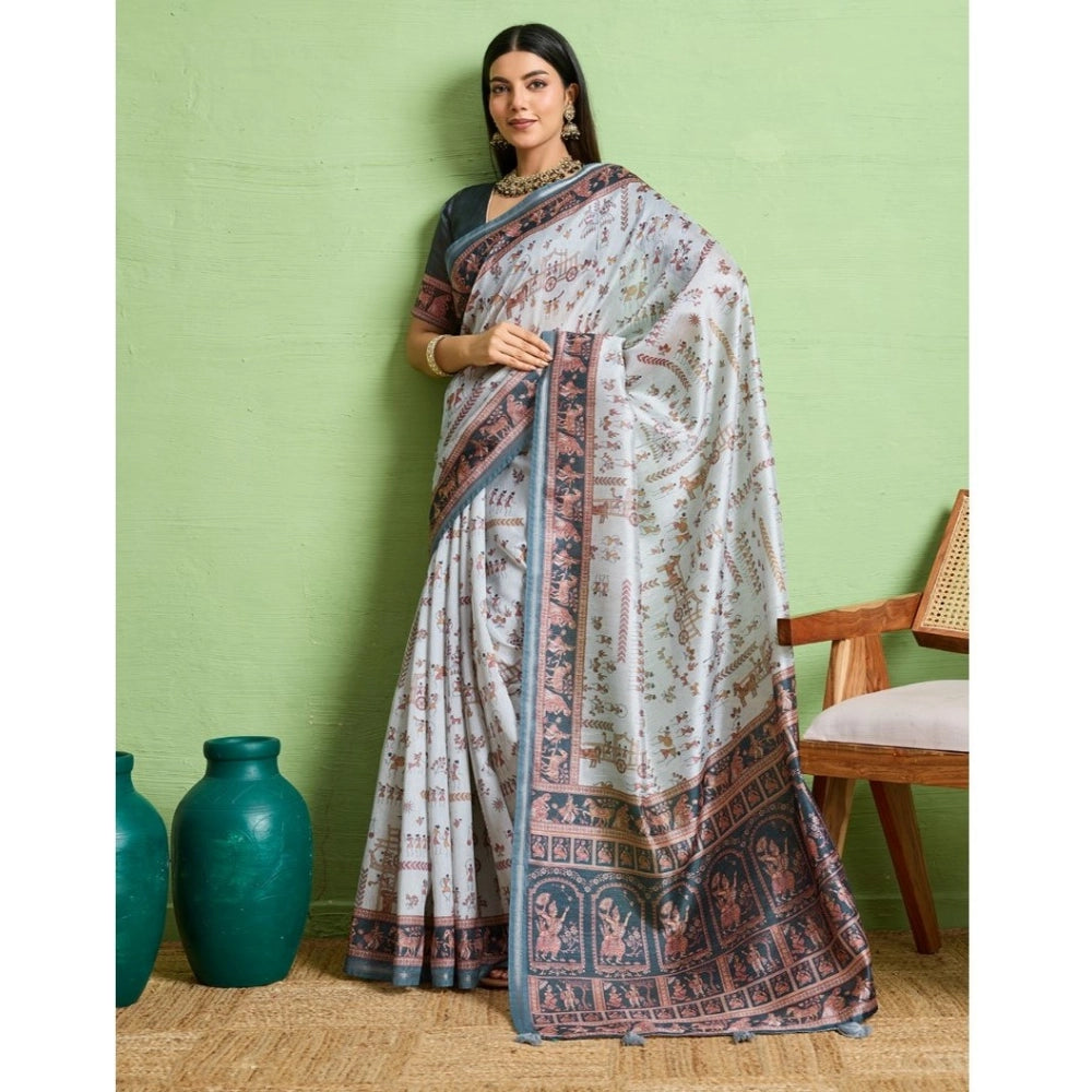 Generic Women's Silk Blend Printed Saree With Unstitched Blouse 5.5Mtr (Grey)