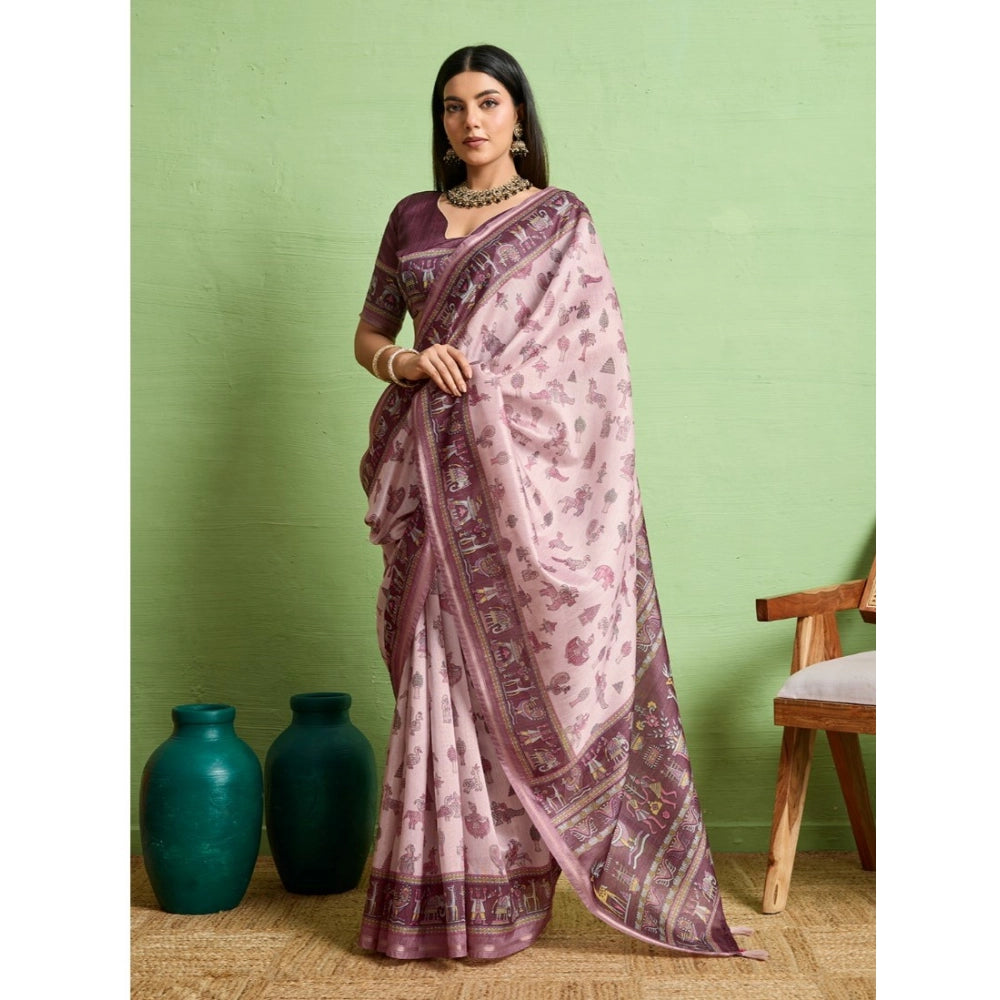 Generic Women's Silk Blend Printed Saree With Unstitched Blouse 5.5Mtr (Grey)