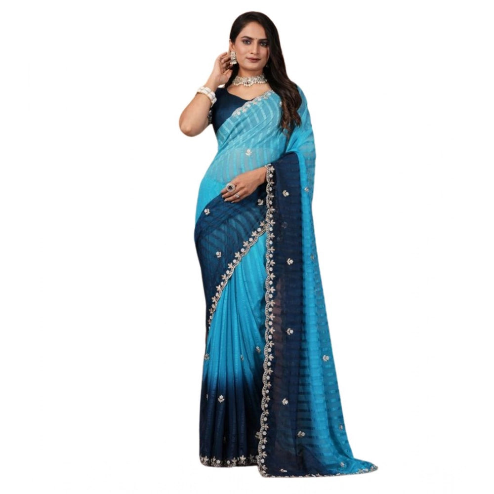 Generic Women's Chiffon Embroidred Saree With Unstitched Blouse 5.5Mtr (Light Blue)