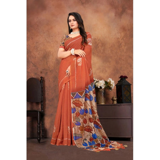 Generic Women's Linen Printed Saree With Unstitched Blouse 5.5Mtr (Red)
