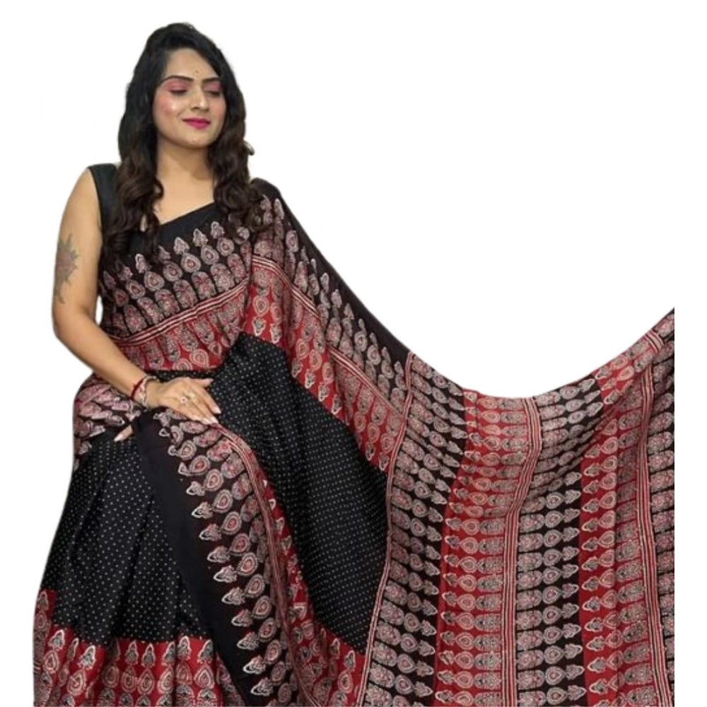 Generic Women's Satin Printed Saree With Unstitched Blouse 5.5Mtr (Black)