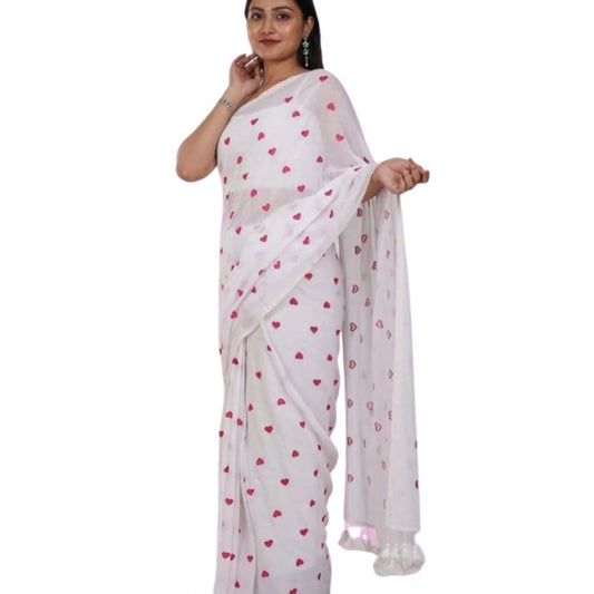 Generic Women's Linen Printed Saree With Unstitched Blouse 5.5Mtr (White)