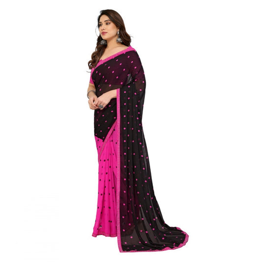 Generic Women's Georgette Printed Saree With Unstitched Blouse 5.5Mtr (Black-Pink)