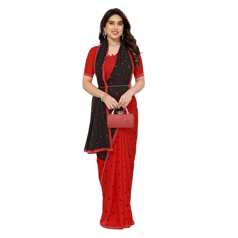 Generic Women's Georgette Printed Saree With Unstitched Blouse 5.5Mtr (Black-Red)