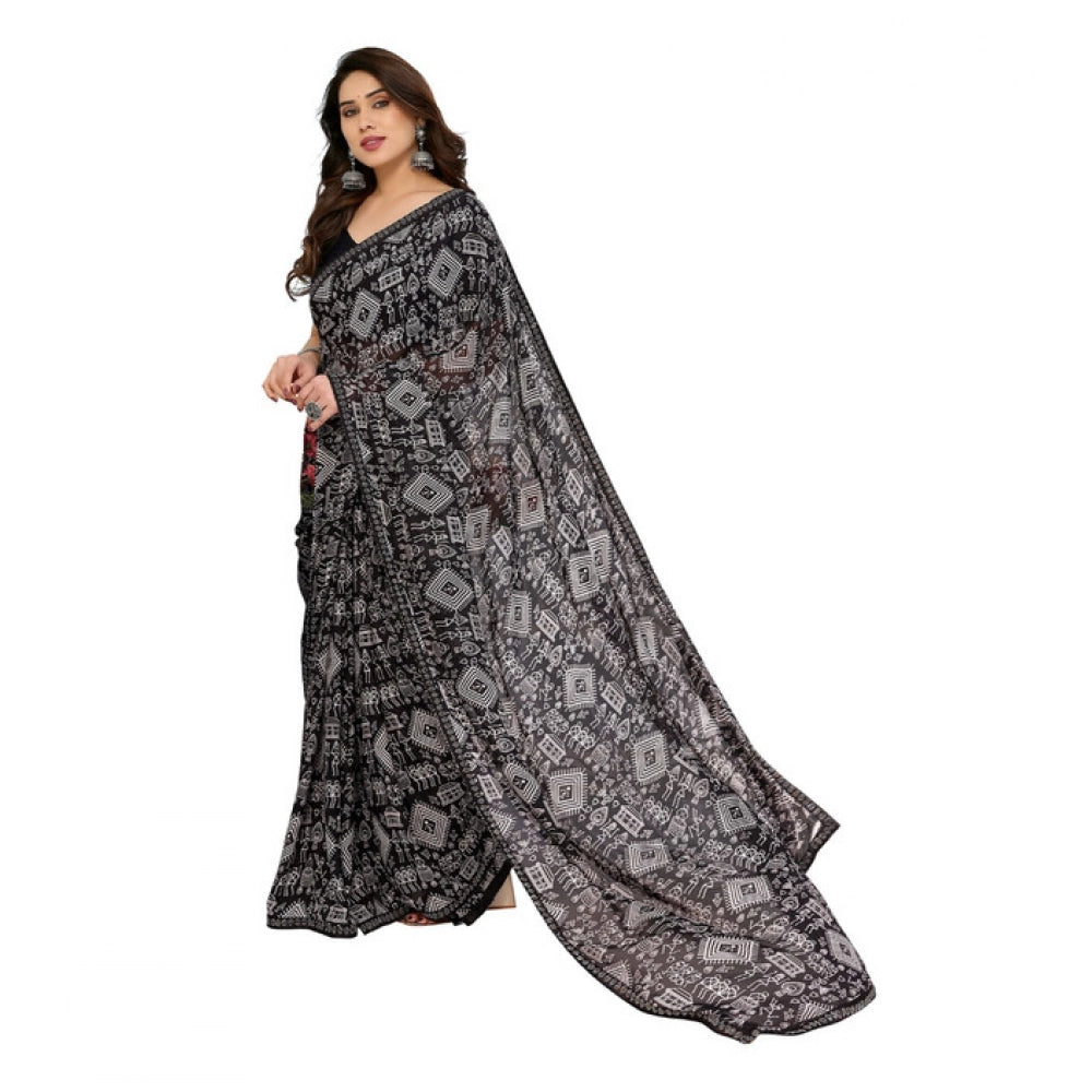 Generic Women's Georgette Printed Saree With Unstitched Blouse 5.5Mtr (Black)