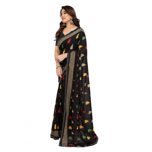 Generic Women's Georgette Printed Saree With Unstitched Blouse 5.5Mtr (Black)