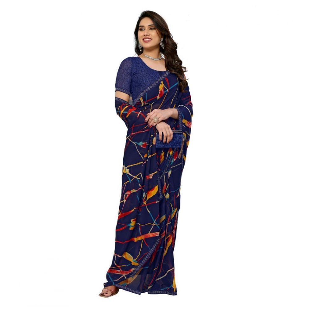Generic Women's Georgette Printed Saree With Unstitched Blouse 5.5Mtr (Blue)