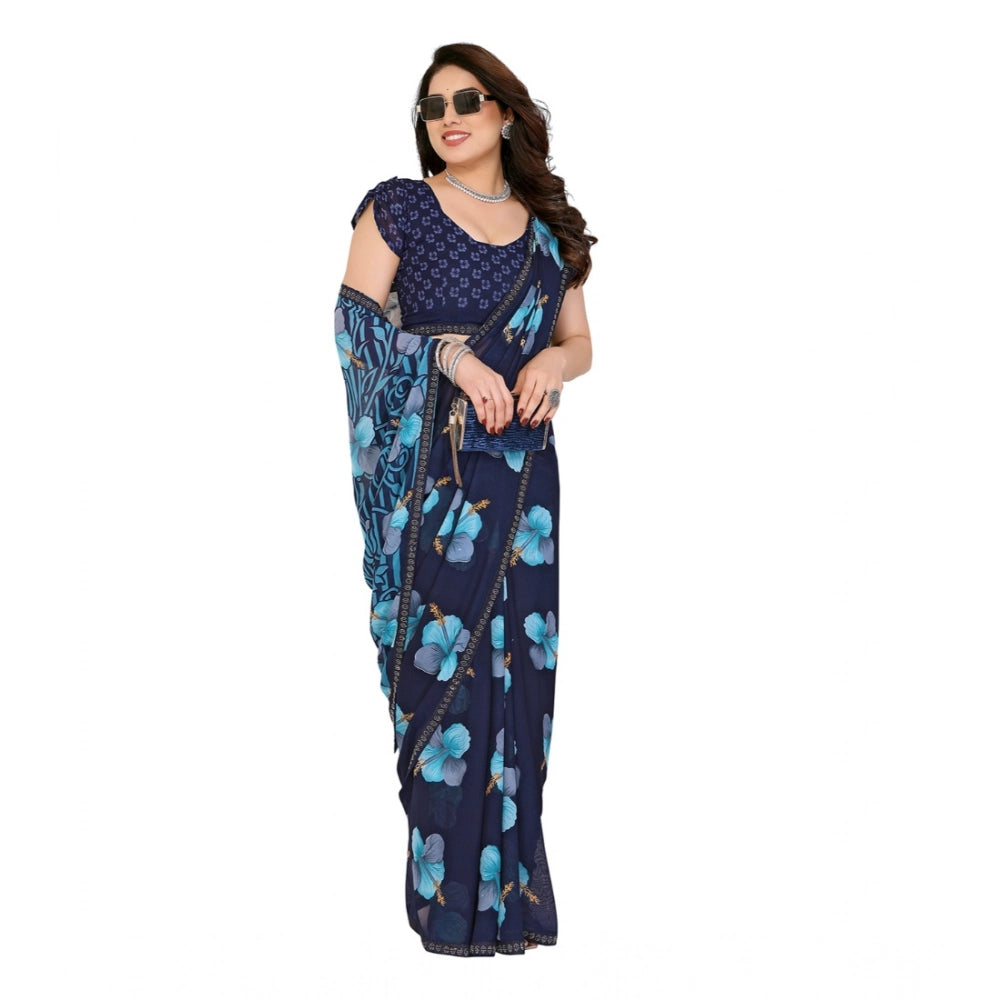 Generic Women's Georgette Printed Saree With Unstitched Blouse 5.5Mtr (Navy Blue)