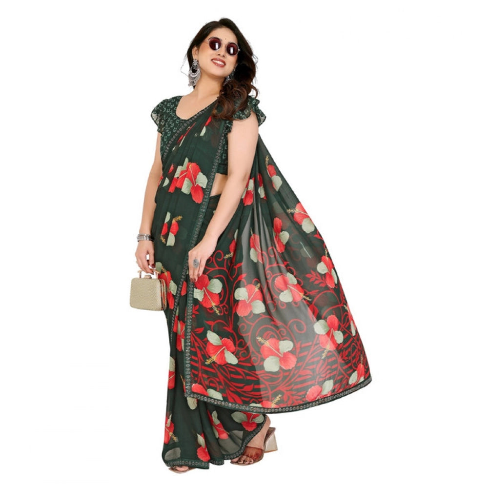 Generic Women's Georgette Printed Saree With Unstitched Blouse 5.5Mtr (Green)
