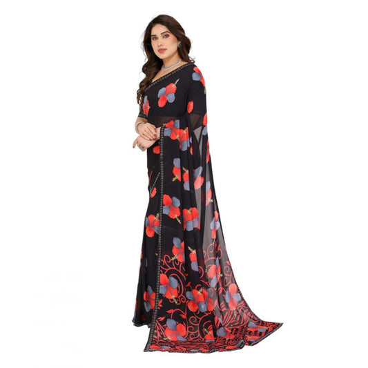 Generic Women's Georgette Printed Saree With Unstitched Blouse 5.5Mtr (Black)