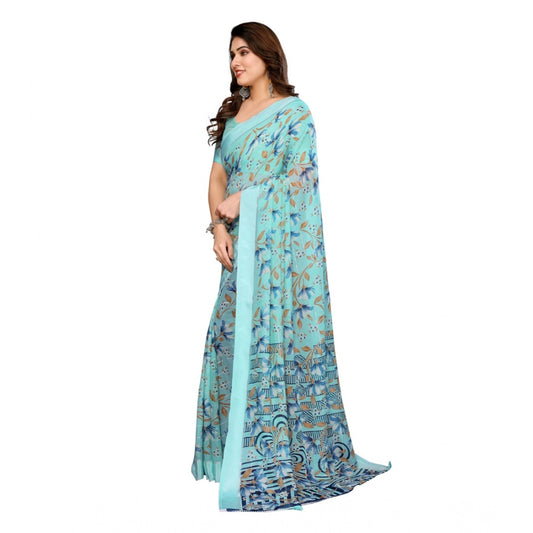 Generic Women's Georgette Printed Saree With Unstitched Blouse 5.5Mtr (Blue)