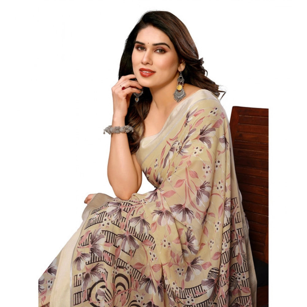 Generic Women's Georgette Printed Saree With Unstitched Blouse 5.5Mtr (Beige)