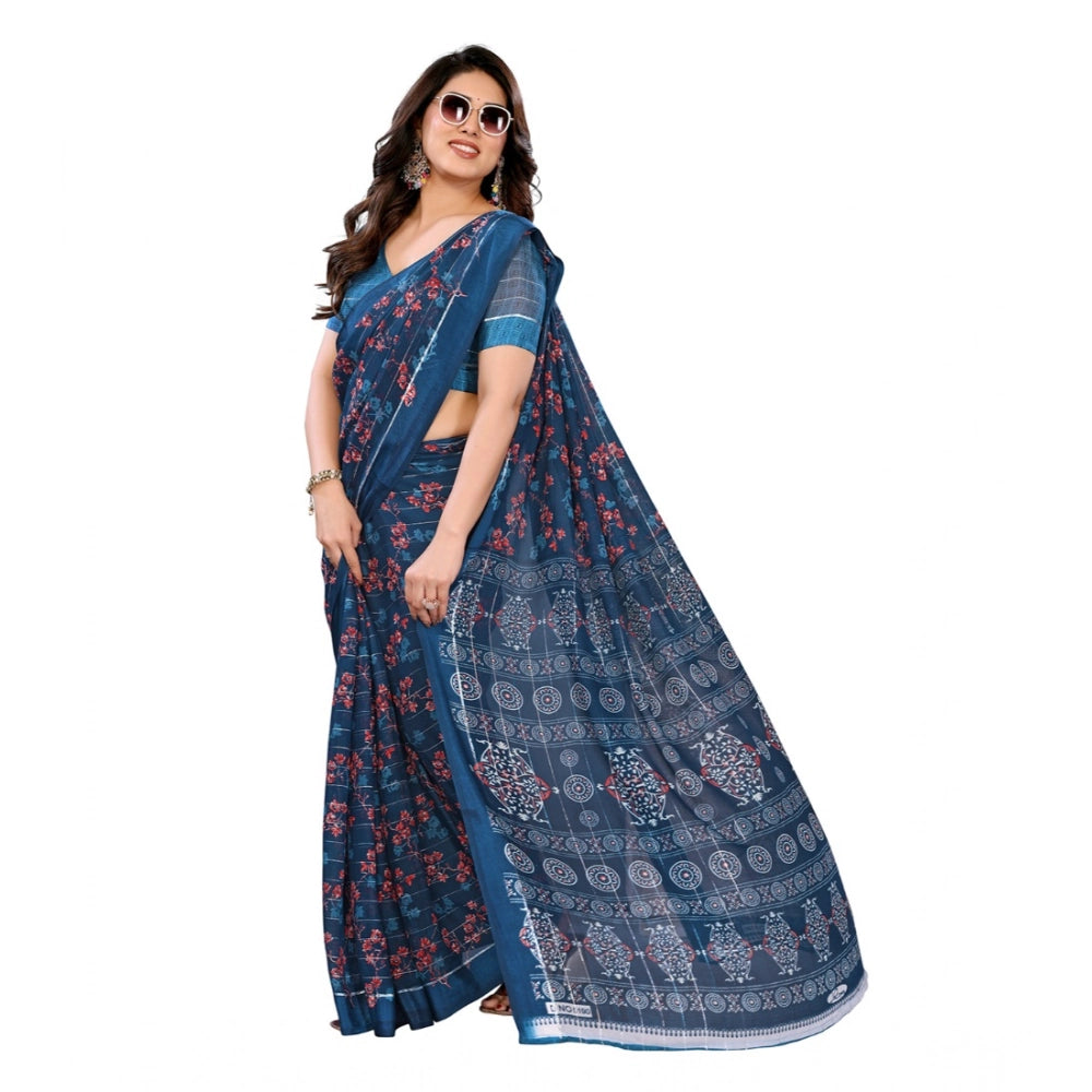 Generic Women's Georgette Printed Saree With Unstitched Blouse 5.5Mtr (Blue)