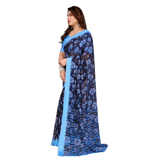Generic Women's Georgette Printed Saree With Unstitched Blouse 5.5Mtr (Blue)