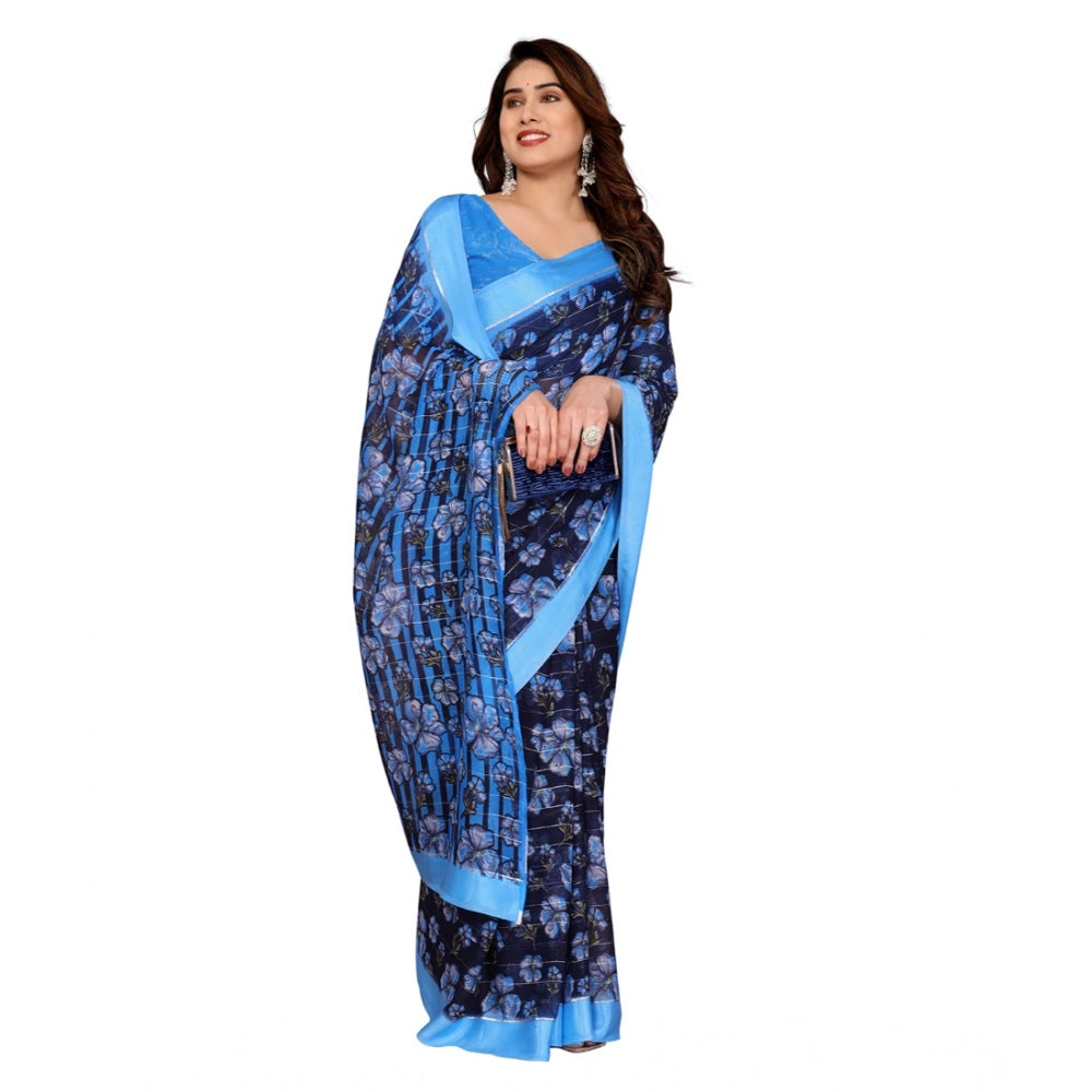 Generic Women's Georgette Printed Saree With Unstitched Blouse 5.5Mtr (Blue)