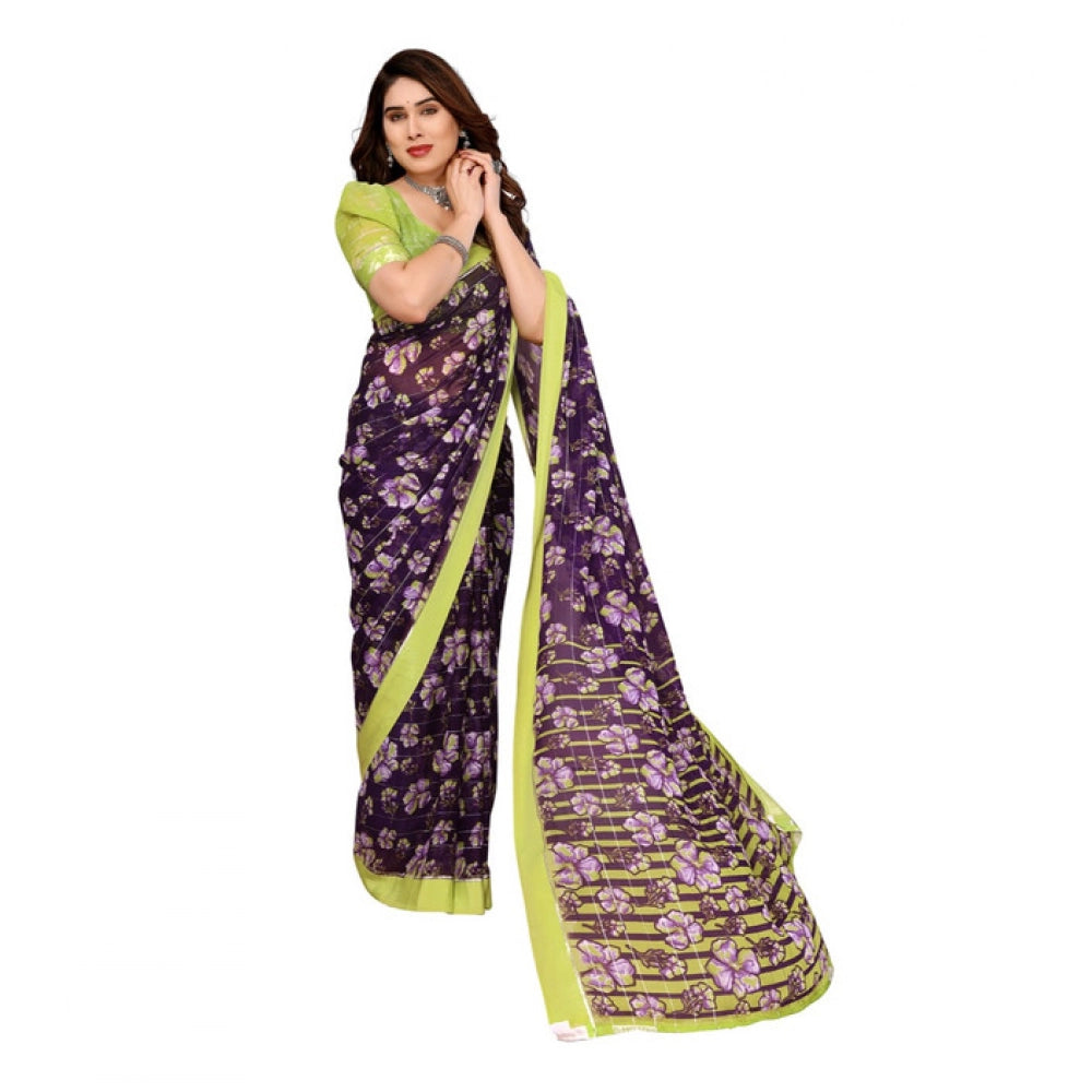 Generic Women's Georgette Printed Saree With Unstitched Blouse 5.5Mtr (Purple)