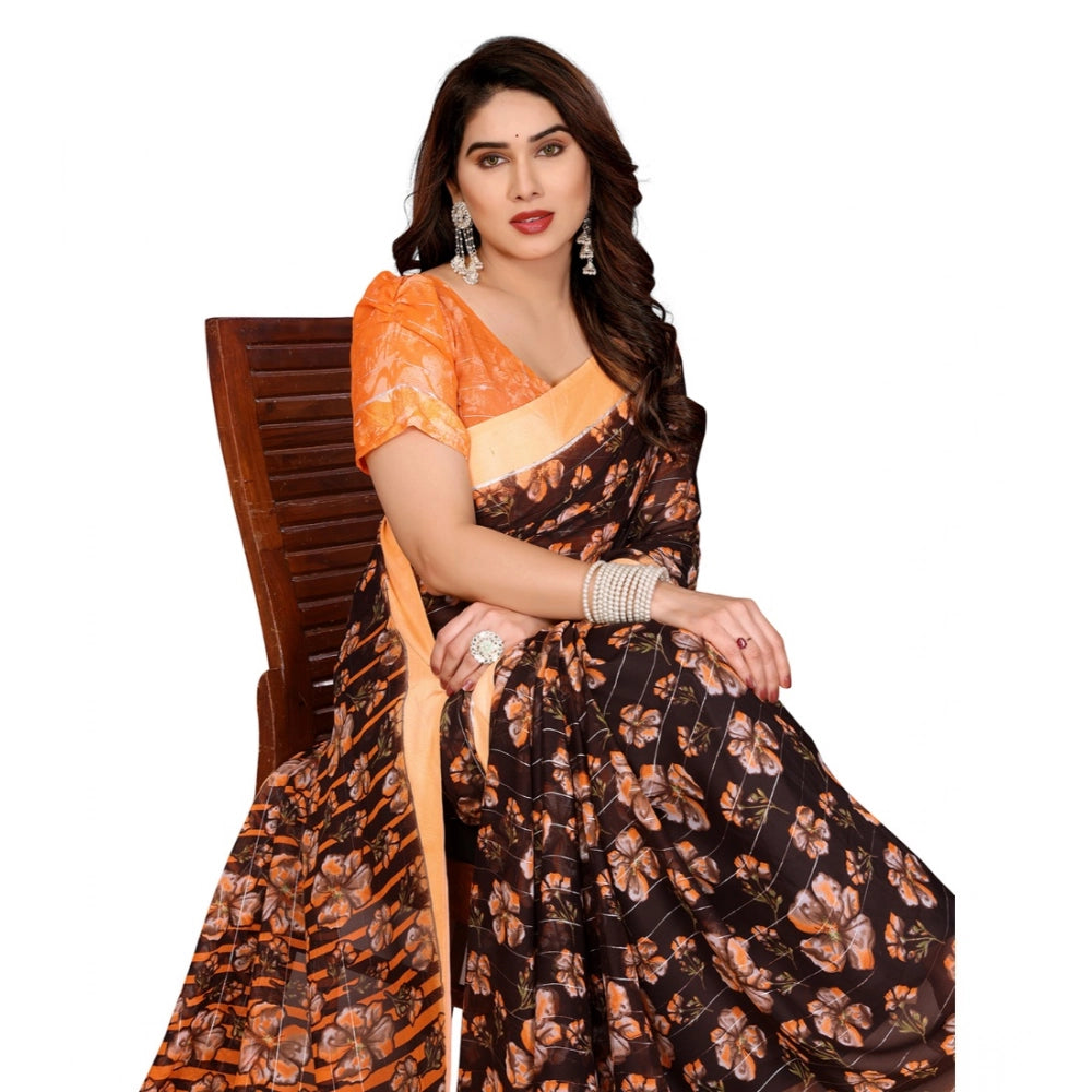 Generic Women's Georgette Printed Saree With Unstitched Blouse 5.5Mtr (Brown)