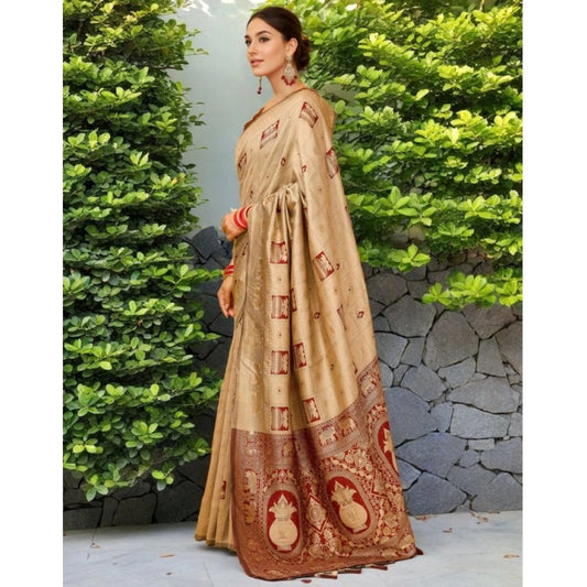 Generic Women's Silk Blend Woven Zari Work Saree With Unstitched Blouse 5.5Mtr (Beige)