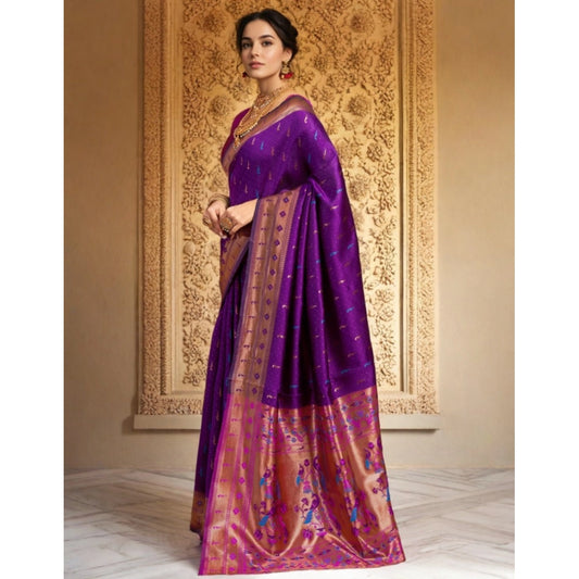 Generic Women's Silk Blend Zari Woven Saree With Unstitched Blouse 5.5Mtr (Purple)