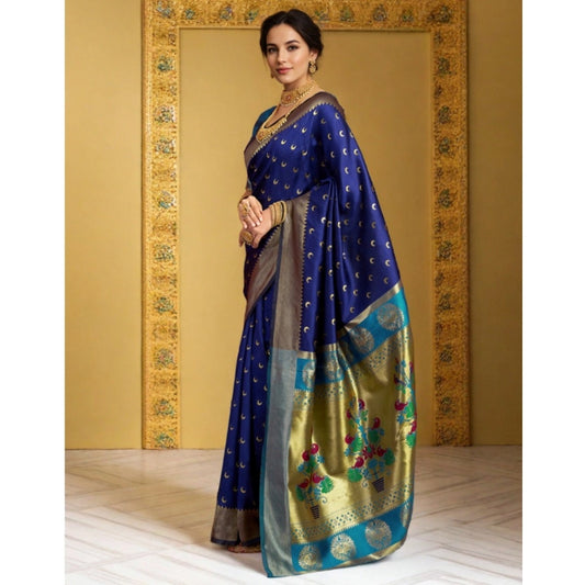 Generic Women's Silk Blend Zari Woven Saree With Unstitched Blouse 5.5Mtr (Navy)
