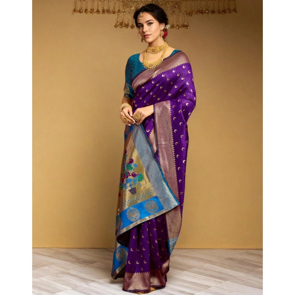 Generic Women's Silk Blend Zari Woven Saree With Unstitched Blouse 5.5Mtr (Purple)