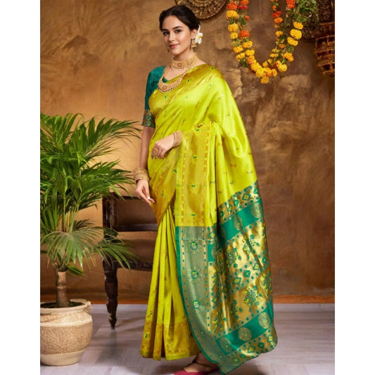Generic Women's Silk Blend Zari Weaving Saree With Unstitched Blouse 5.5Mtr (Lime-Green)