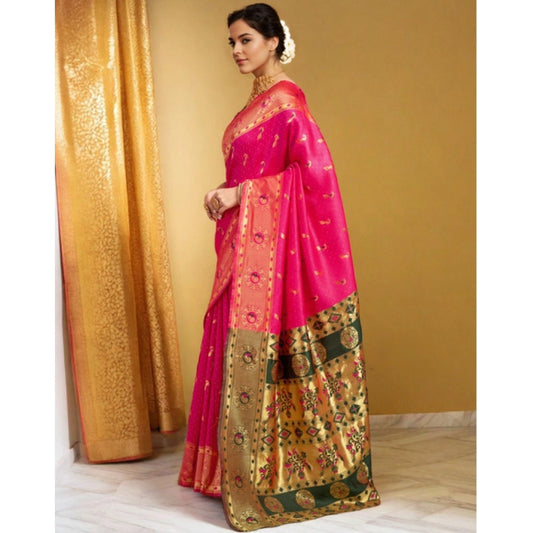 Generic Women's Silk Blend Zari Weaving Saree With Unstitched Blouse 5.5Mtr (Pink)