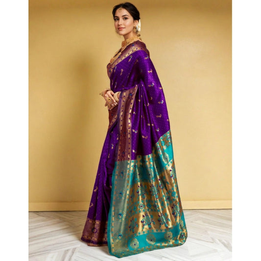Generic Women's Silk Blend Zari Weaving Saree With Unstitched Blouse 5.5Mtr (Purple)