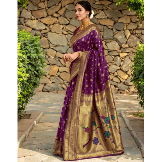 Generic Women's Silk Blend Zari Weaving Saree With Unstitched Blouse 5.5Mtr (Purple)