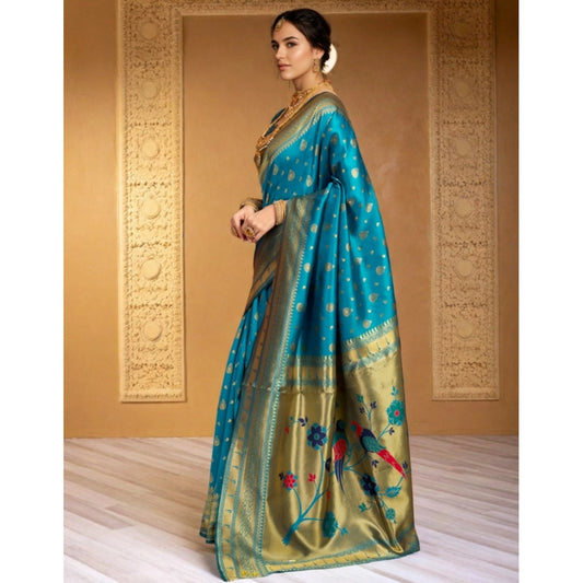 Generic Women's Silk Blend Zari Weaving Saree With Unstitched Blouse 5.5Mtr (Turquoise)