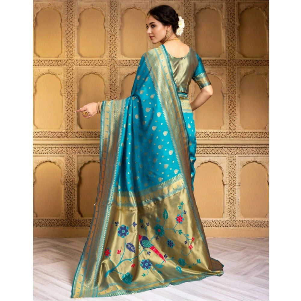 Generic Women's Silk Blend Zari Weaving Saree With Unstitched Blouse 5.5Mtr (Turquoise)