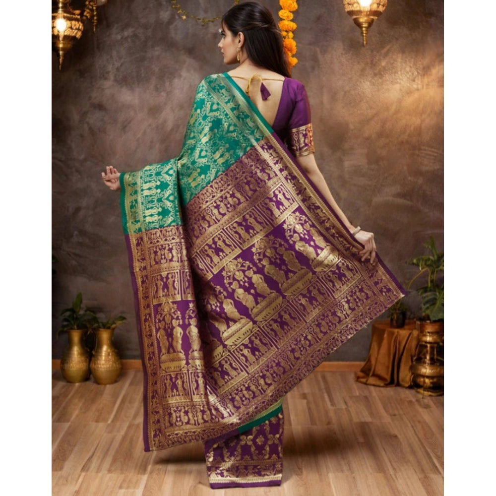 Generic Women's Silk Blend Zari Weaving Saree With Unstitched Blouse 5.5Mtr (Light Green)