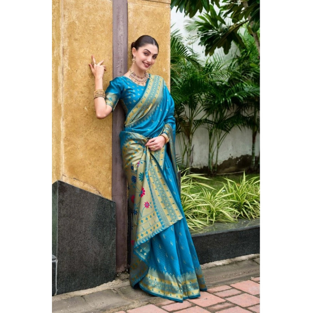 Generic Women's Silk Blend Paithani Weaving Saree With Unstitched Blouse 5.5Mtr (Aqua)