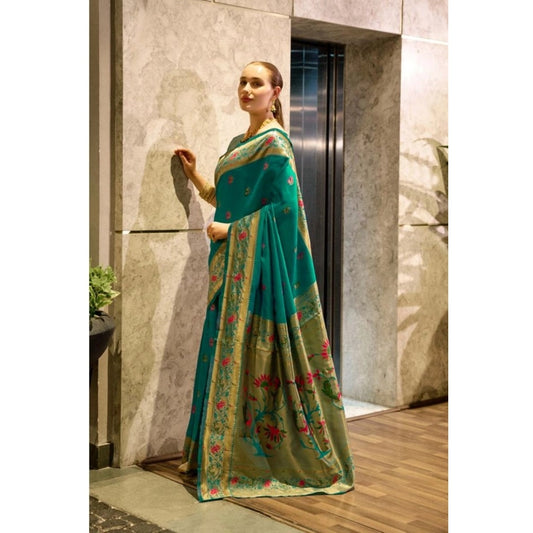 Generic Women's Silk Blend Zari Woven Saree With Unstitched Blouse 5.5Mtr (Green)