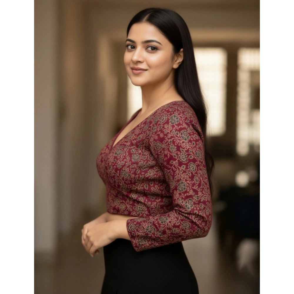 Generic Women's Ajrakh Cotton Printed V-Neck Padded Blouse (Maroon 38 Ready (Self Alterable 36–40)