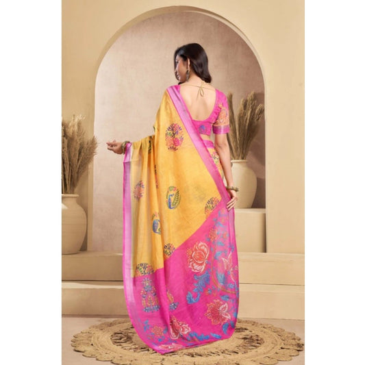 Generic Women's Faux_Linen Printed Ready-to-Wear Saree With Unstitched Blouse 5.5 Mtr (Yellow)