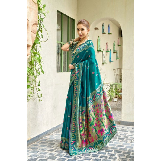 Generic Women's Silk Blend Woven Saree With Unstitched Blouse 5.5 Mtr (Teal)