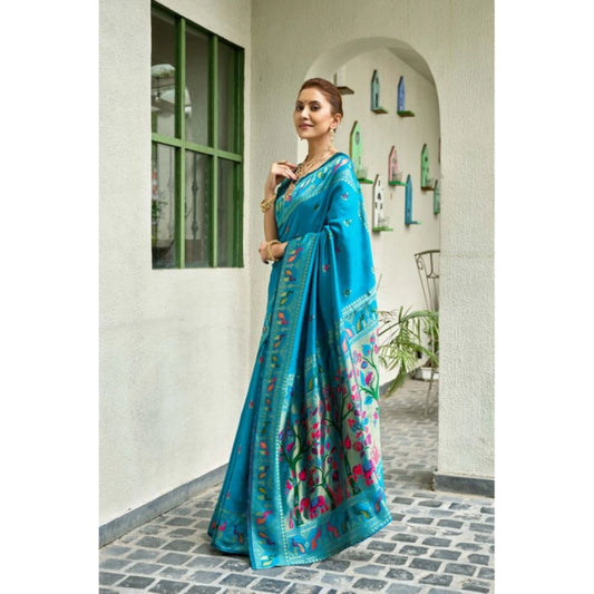 Generic Women's Silk Blend Woven Saree With Unstitched Blouse 5.5 Mtr (Turquoise)