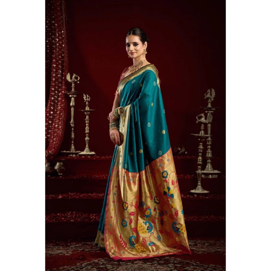 Generic Women's Silk Blend Woven Saree With Unstitched Blouse 5.5 Mtr (Teal)