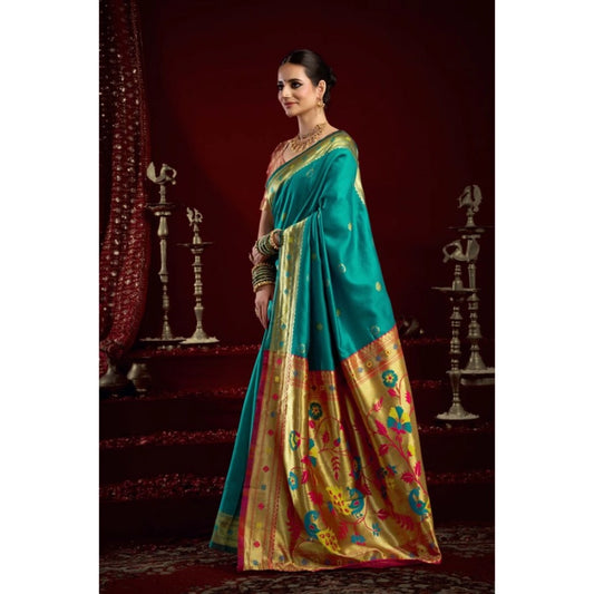 Generic Women's Silk Blend Woven Saree With Unstitched Blouse 5.5 Mtr (Aqua_Blue)