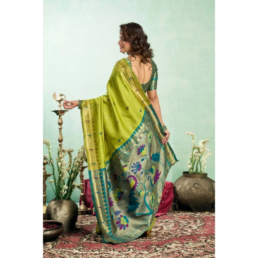 Generic Women's Silk Blend Woven Saree With Unstitched Blouse 5.5 Mtr (Lime)