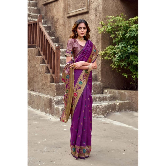 Generic Women's Silk Blend Woven Saree With Unstitched Blouse 5.5 Mtr (Purple)