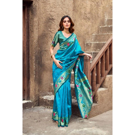 Generic Women's Silk Blend Woven Saree With Unstitched Blouse 5.5 Mtr (Aqua_Blue)
