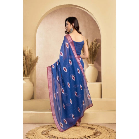 Generic Women's Linen Cotton Printed Ready To Wear Saree With Unstitched Blouse 5.5 Mtr (Blue)