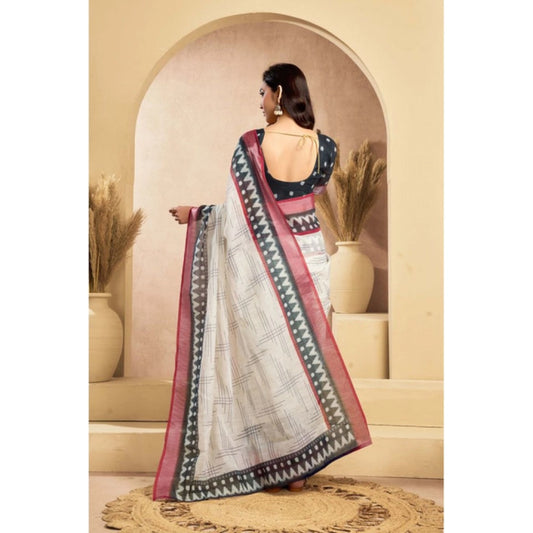 Generic Women's Linen Cotton Printed Ready To Wear Saree With Unstitched Blouse 5.5 Mtr (Off_White)