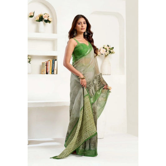 Generic Women's Linen Cotton Printed Ready To Wear Saree With Unstitched Blouse 5.5 Mtr (Light_Green)